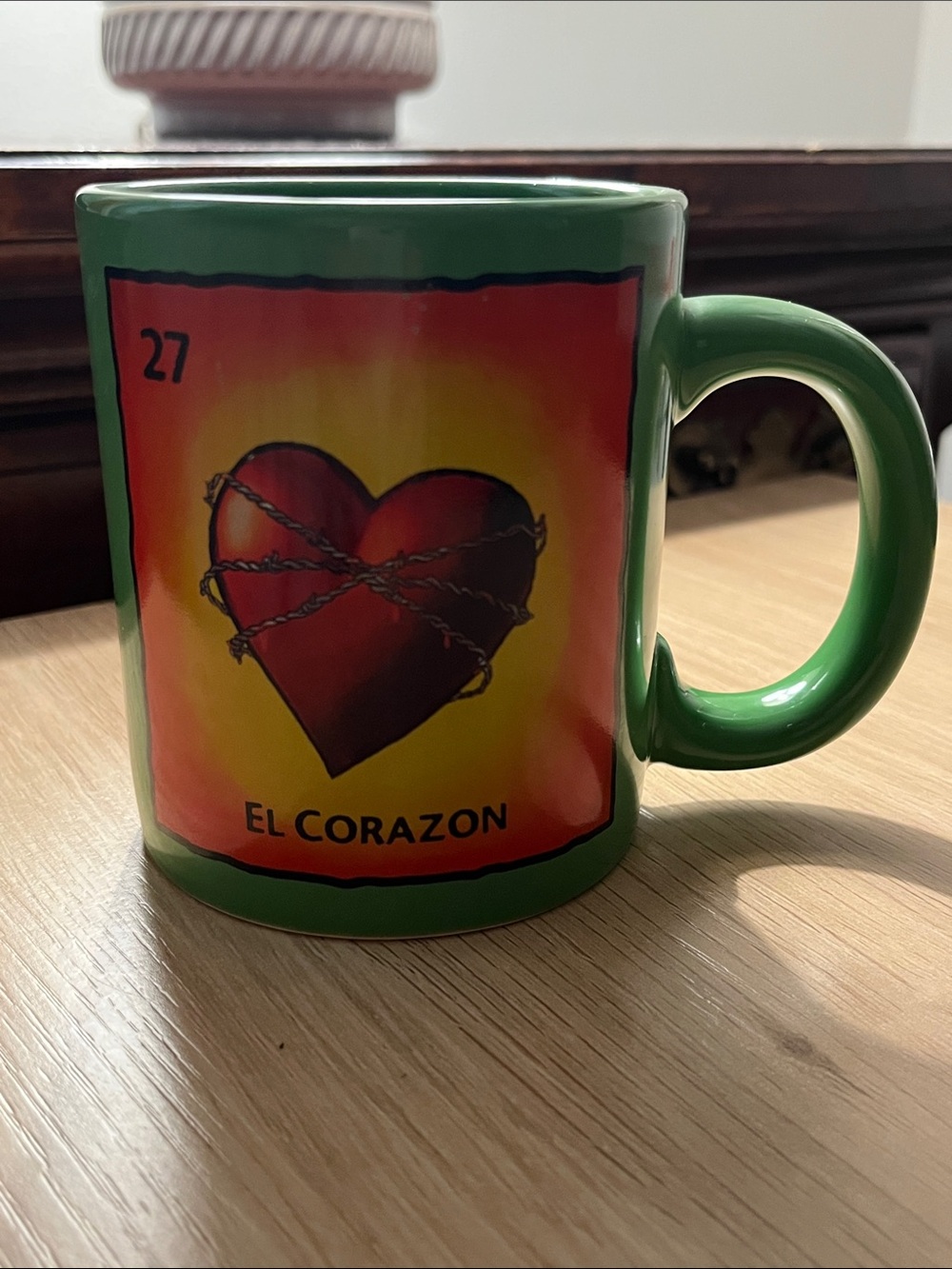 My Loteria El Corazon #27 Coffee Mug by Cristina Sosa Noriega Green Ceramic Cup